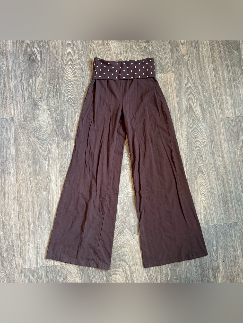 brown polka dot cotton foldover waistband wide leg pants
